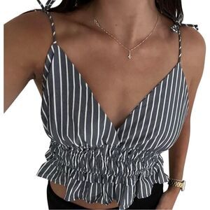 SIM&SAM Gray and White Striped Ruffle Top
